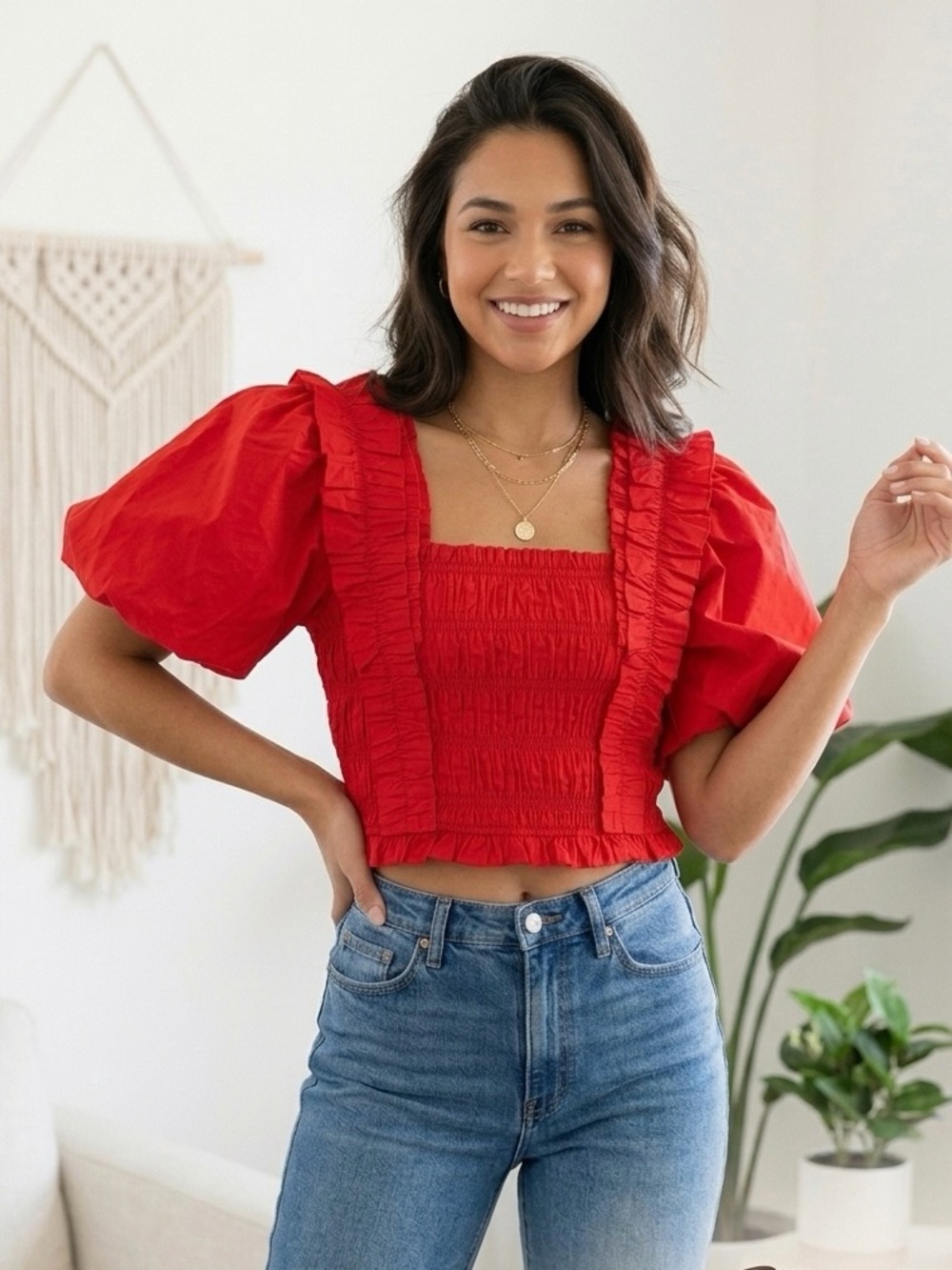 Endless Rose Tandy Crimson Puff Sleeve Crop Top - Red Smocked Sz S